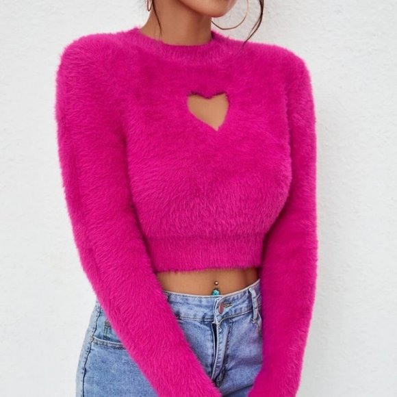 . Sweaters - Heart Cut Out soft Fuzzy hot pink knit Sweater top